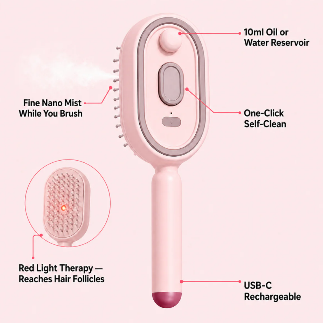 MistGlow™ Steam Mist Brush — Detangle, Hydrate & Smooth with Red Light
